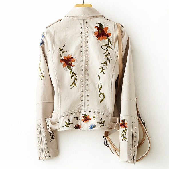 Fashionable Embroidered Leather Winter Coat for Women