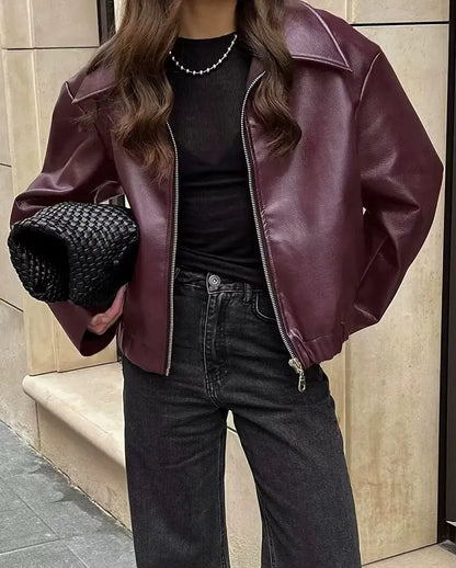 Women's Classic Biker Leather Jacket with Zip Front
