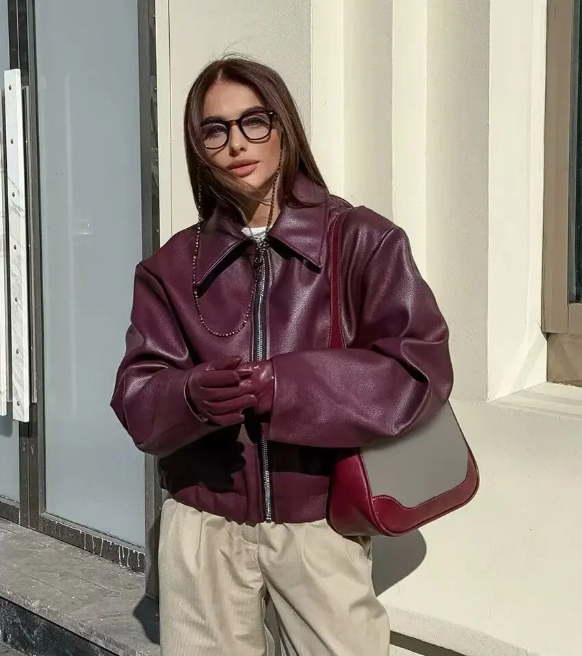 Women's Classic Biker Leather Jacket with Zip Front