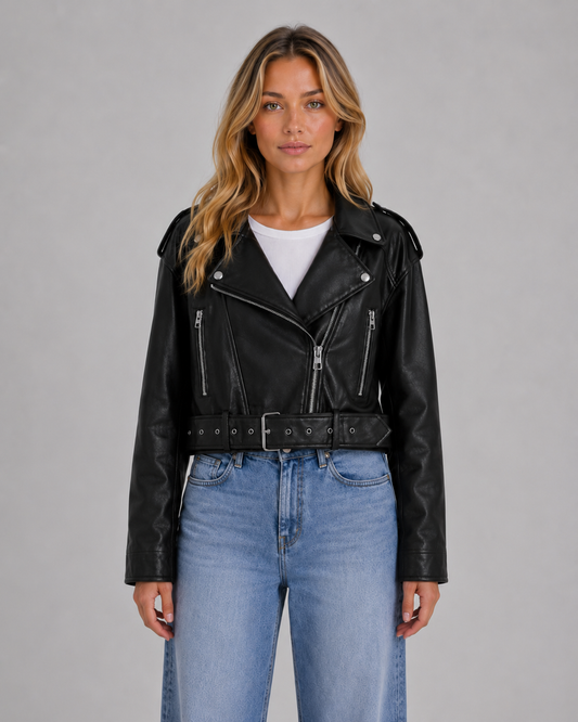 Women's Casual Leather Look Belted Biker Jacket