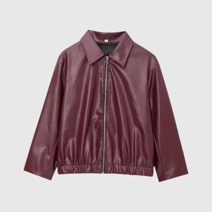 Ladies' Faux Leather Biker Jacket with High Collar - OutfitLondon