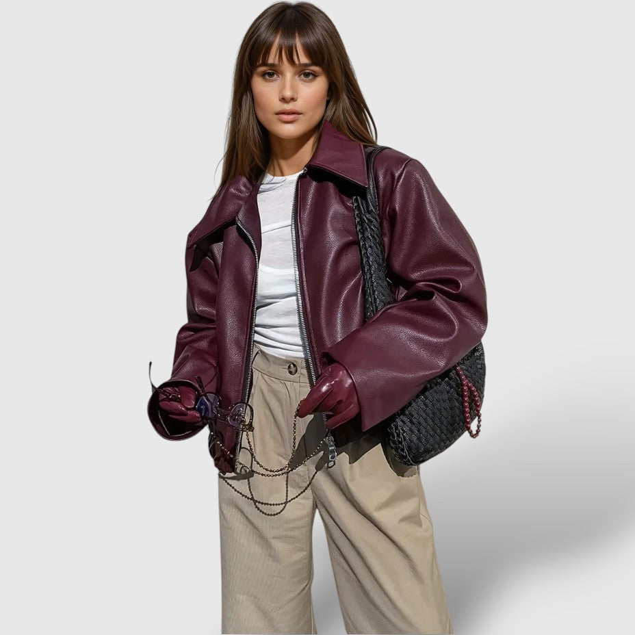 Ladies' Faux Leather Biker Jacket with High Collar