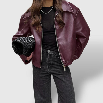 Ladies' Faux Leather Biker Jacket with High Collar