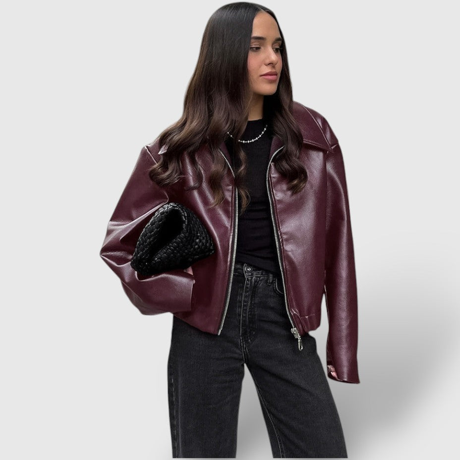 Ladies' Faux Leather Biker Jacket with High Collar