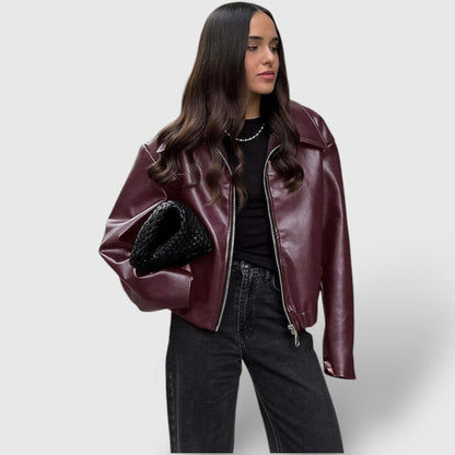 Ladies' Faux Leather Biker Jacket with High Collar