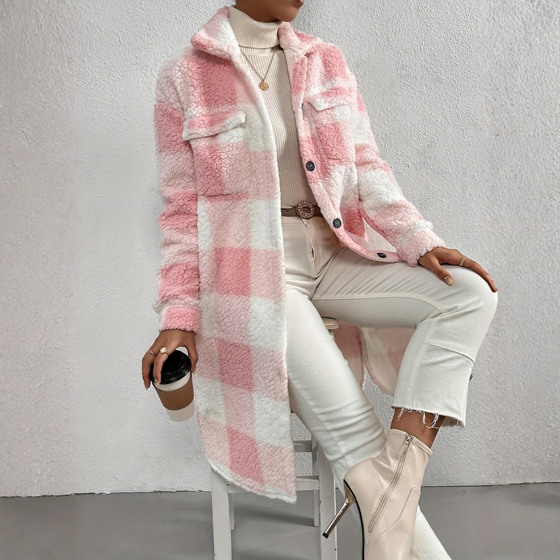 Warm Women's Plaid Trench Coat with Pockets - OutfitLondon