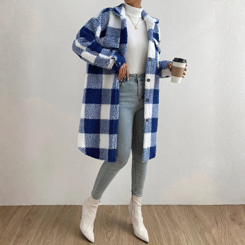 Warm Women's Plaid Trench Coat with Pockets