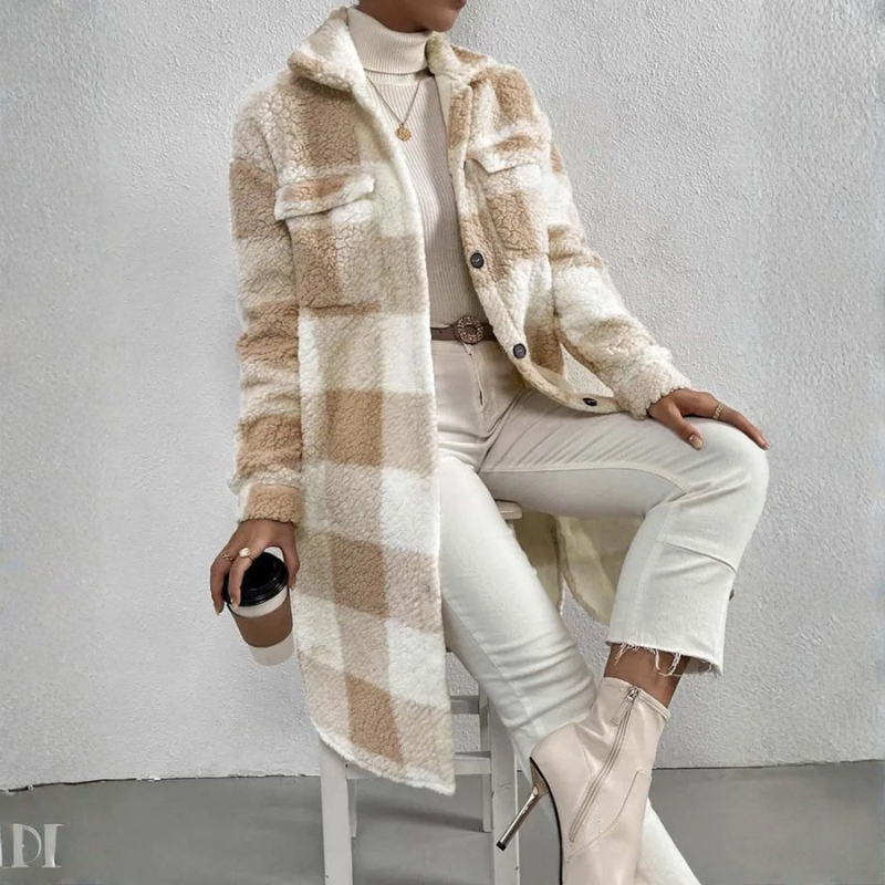 Warm Women's Plaid Trench Coat with Pockets