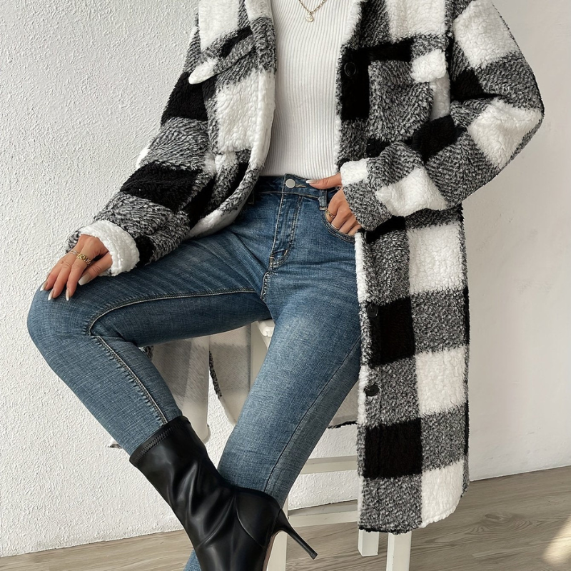 Warm Women's Plaid Trench Coat with Pockets