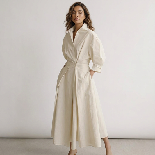 Women's Classic Cotton Long Shirt Dress with Fitted Waist