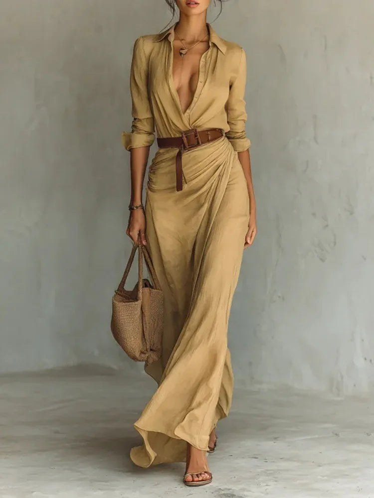 Women's Elegant Cotton Maxi Shirt Dress with Belt