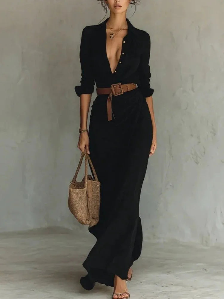 Women's Elegant Cotton Maxi Shirt Dress with Belt