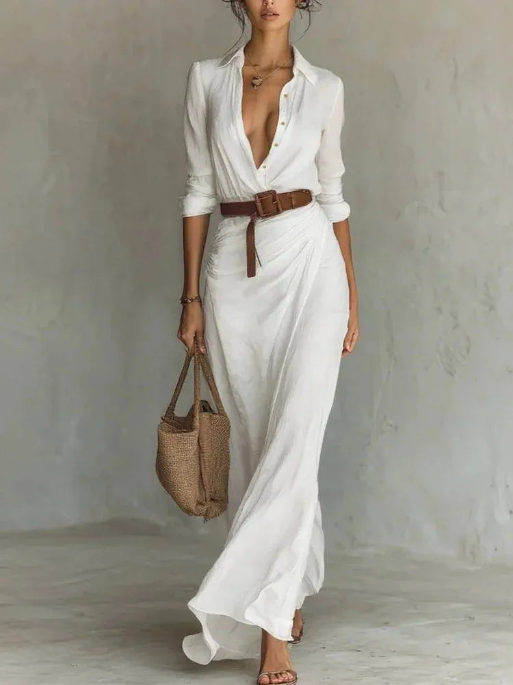 Women's Elegant Cotton Maxi Shirt Dress with Belt