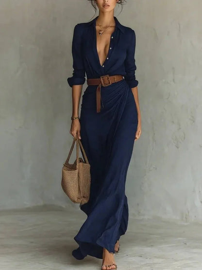 Women's Elegant Cotton Maxi Shirt Dress with Belt