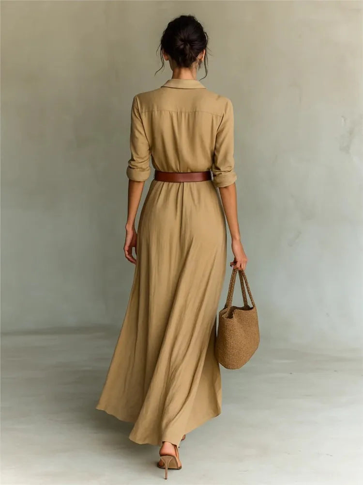 Women's Elegant Cotton Maxi Shirt Dress with Belt