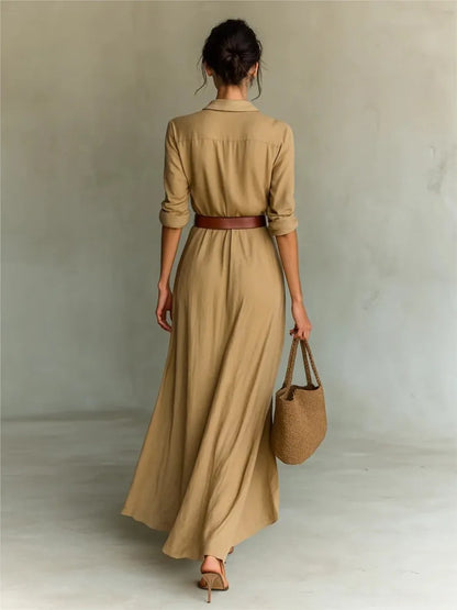 Women's Elegant Cotton Maxi Shirt Dress with Belt