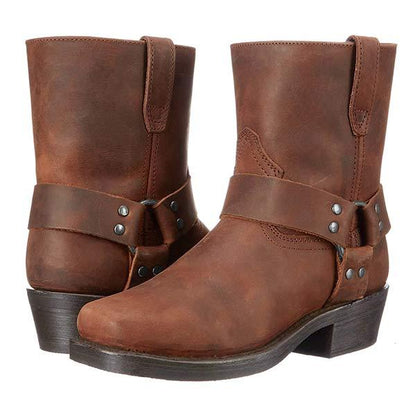 Tough Black Biker Boots with Buckle Detail for Women - OutfitLondon
