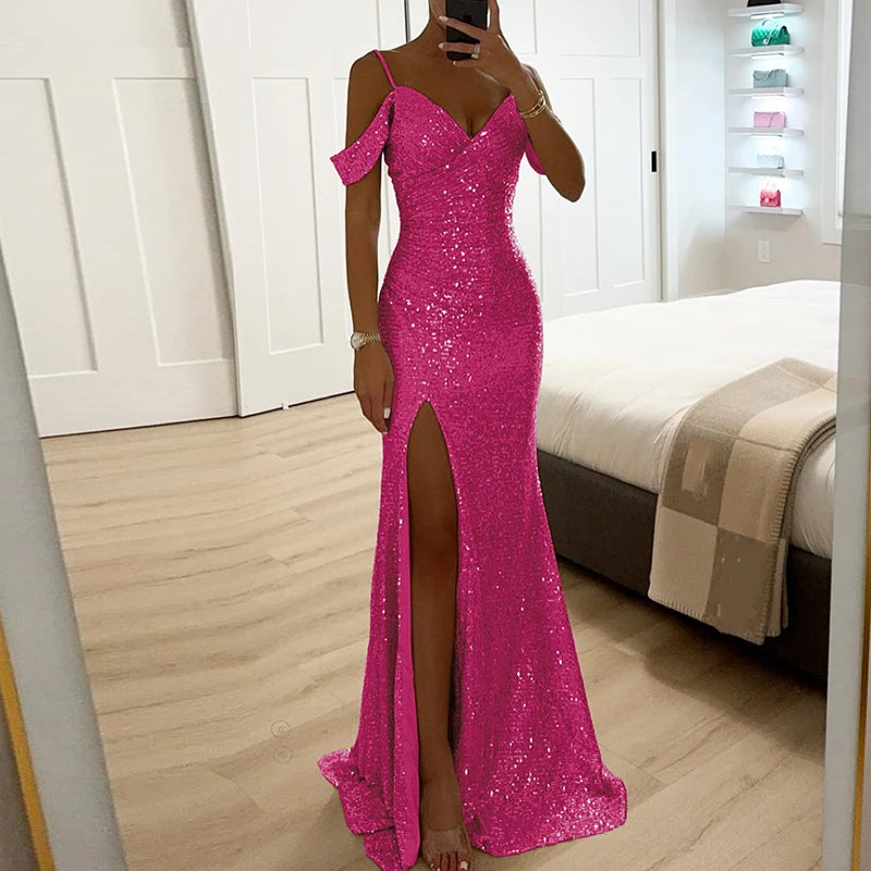Elegant Off Shoulder Formal Gown with High Leg Slit - OutfitLondon