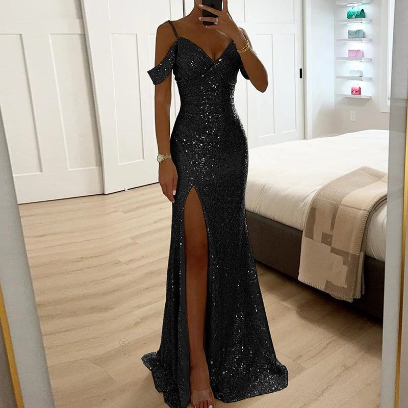 Elegant Off Shoulder Formal Gown with High Leg Slit