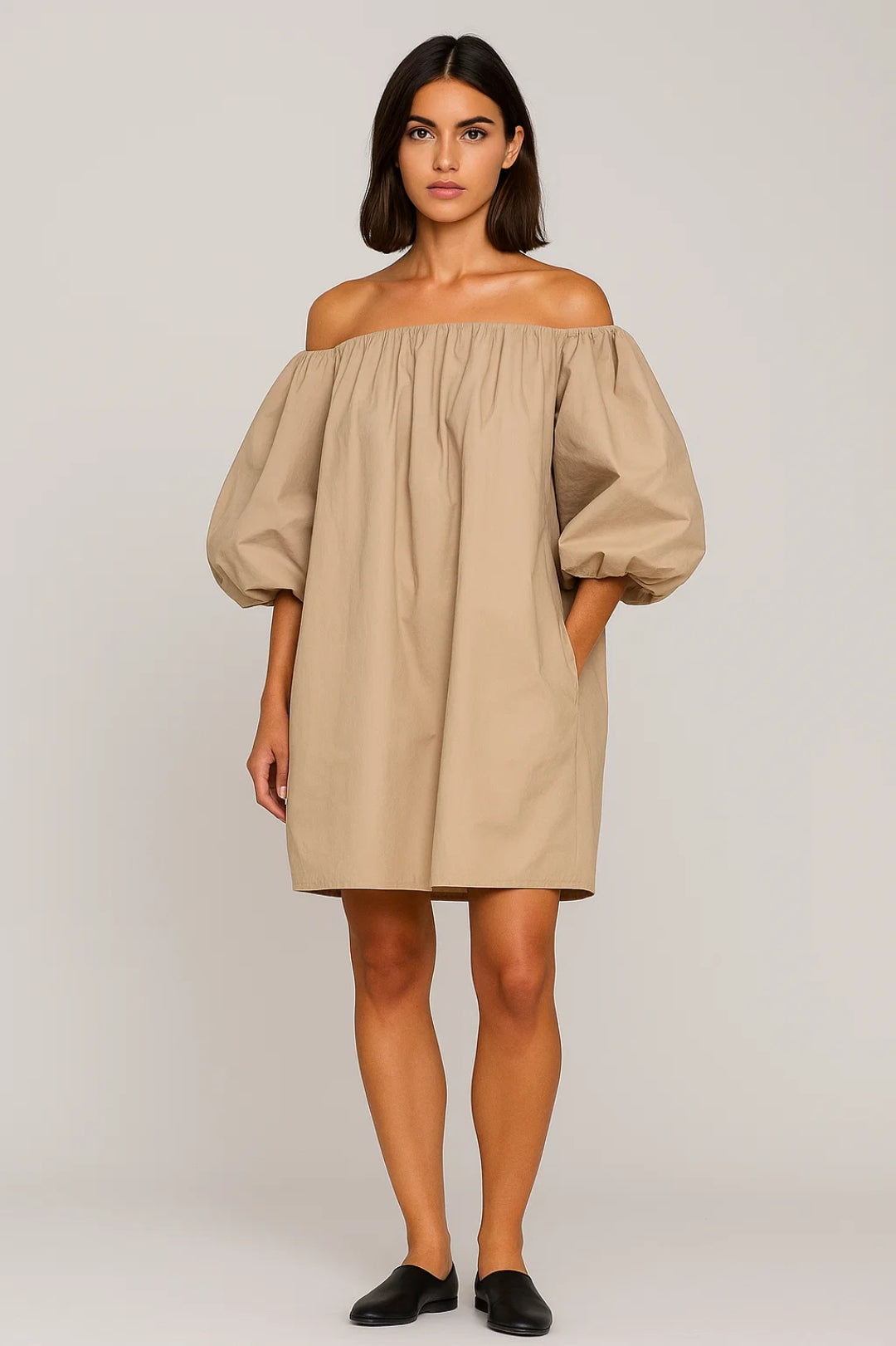 Women's Casual Cotton Off-Shoulder Mini Dress with Voluminous Sleeves