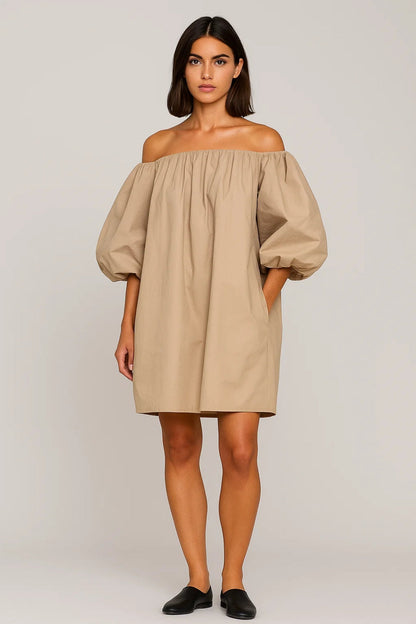 Women's Casual Cotton Off-Shoulder Mini Dress with Voluminous Sleeves