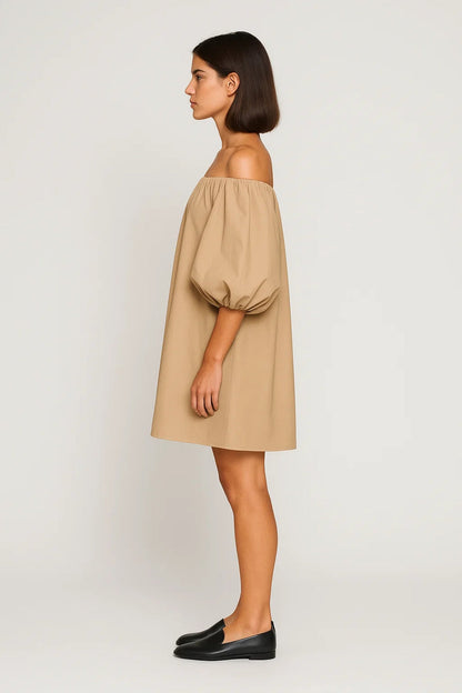Women's Casual Cotton Off-Shoulder Mini Dress with Voluminous Sleeves