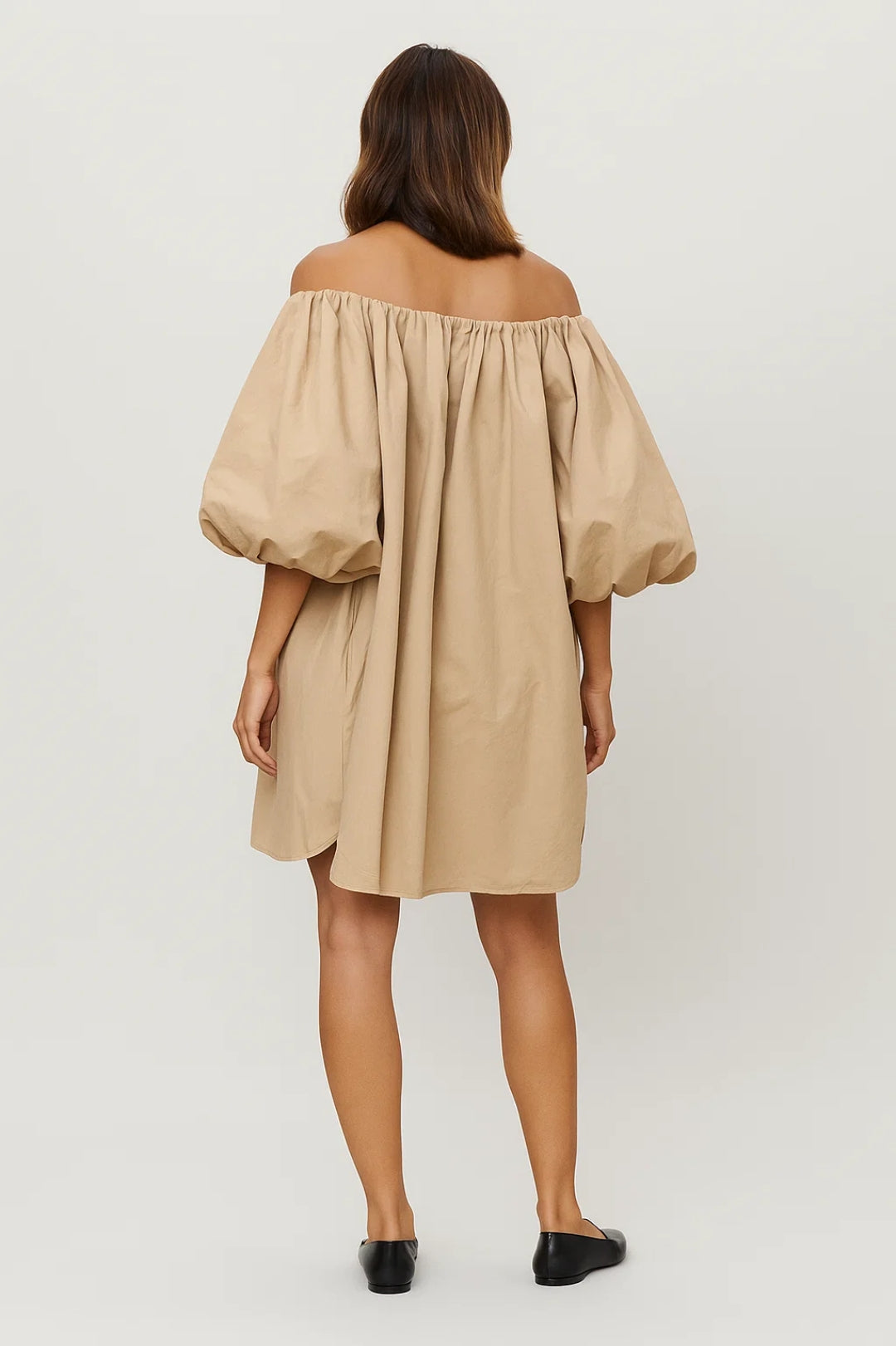 Women's Casual Cotton Off-Shoulder Mini Dress with Voluminous Sleeves