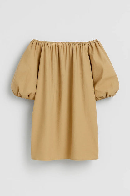 Women's Casual Cotton Off-Shoulder Mini Dress with Voluminous Sleeves