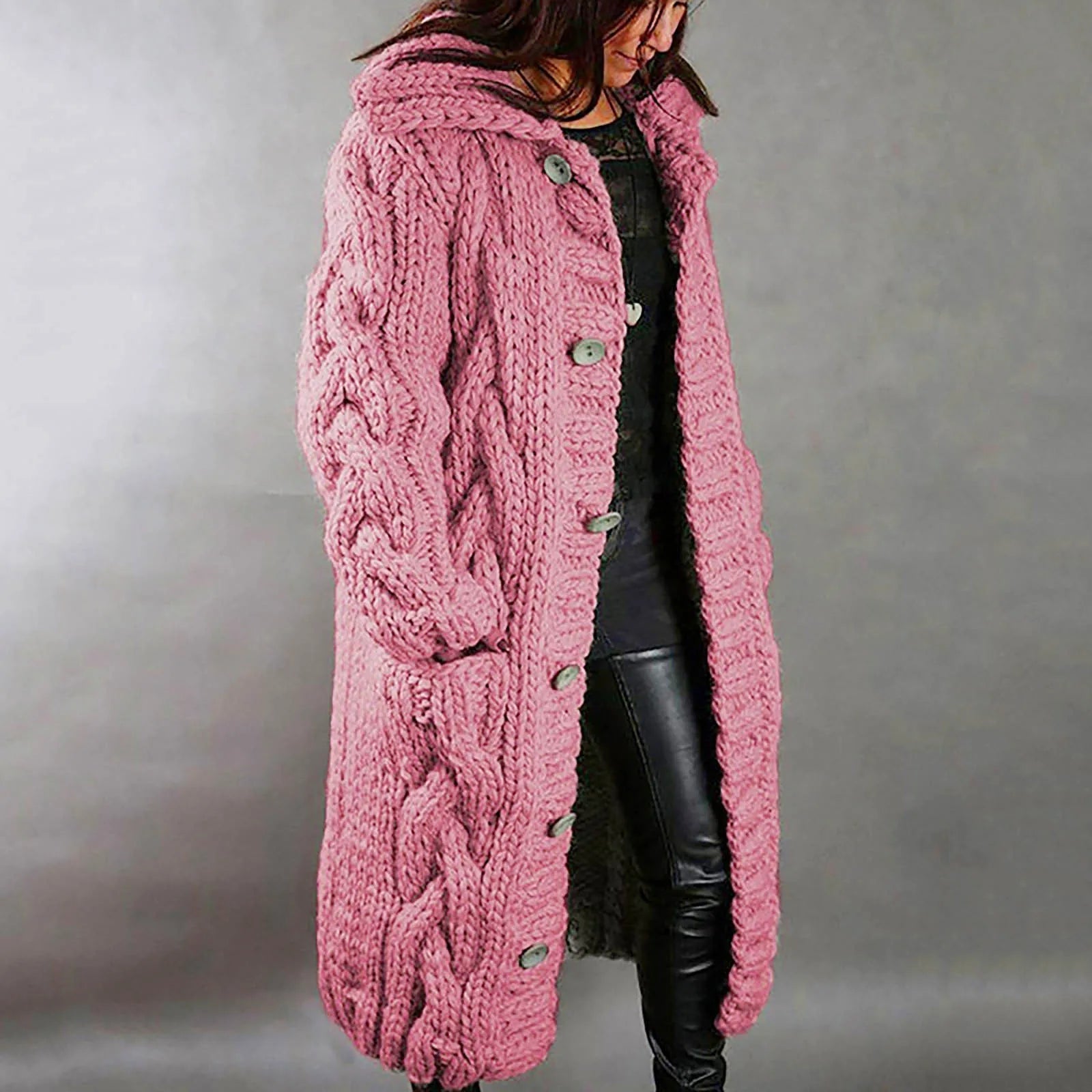 Women's Long Warm Cable Knit Coat - OutfitLondon
