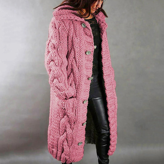 Women's Long Warm Cable Knit Coat - OutfitLondon