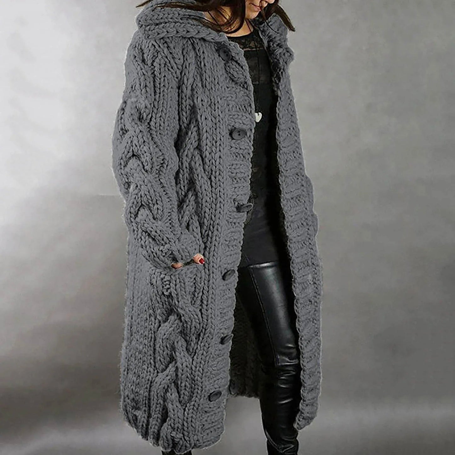 Women's Long Warm Cable Knit Coat