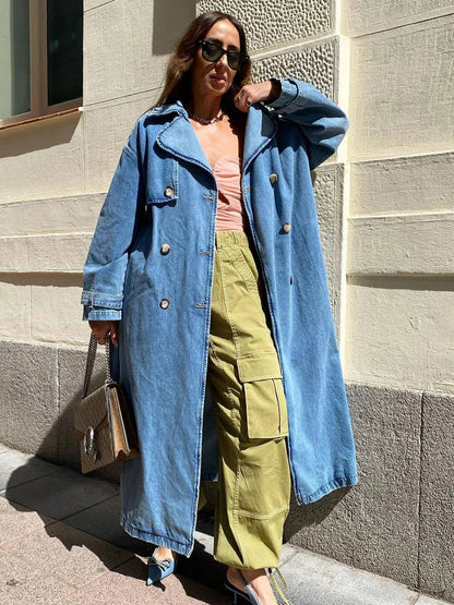 Women's Large Denim Parka Coat with Button Closure