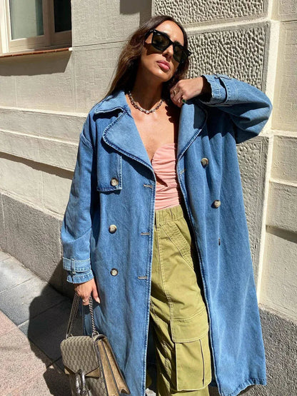 Women's Large Denim Parka Coat with Button Closure