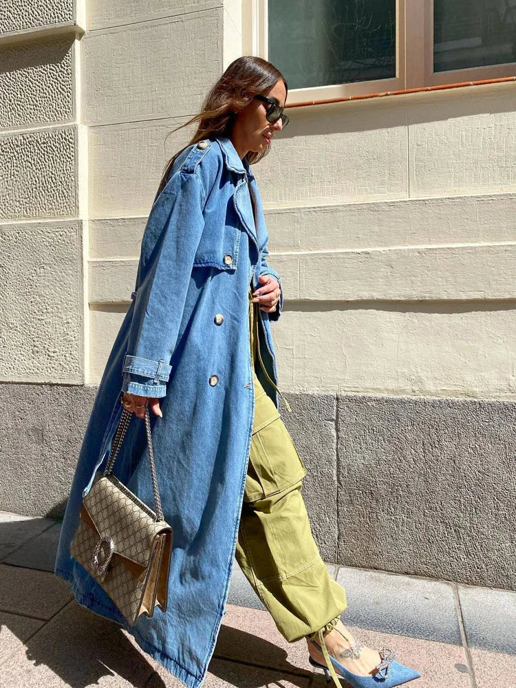 Women's Large Denim Parka Coat with Button Closure