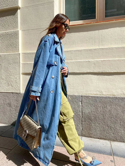 Women's Large Denim Parka Coat with Button Closure