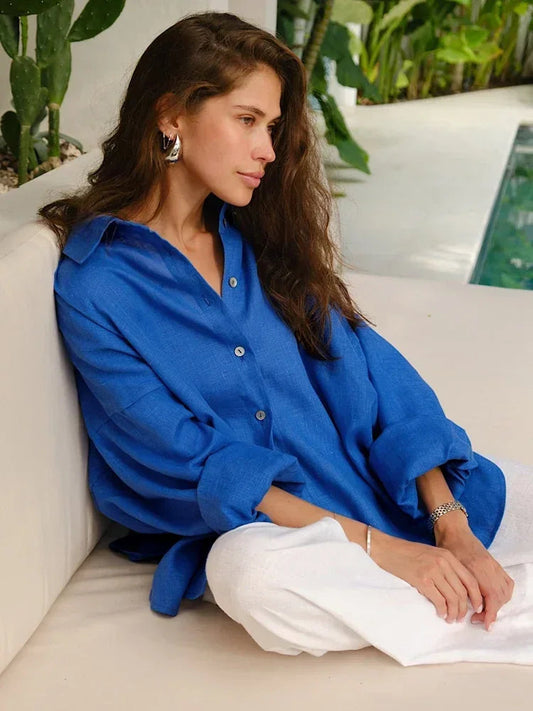 Women's Oversized Linen Short Sleeve Blouse