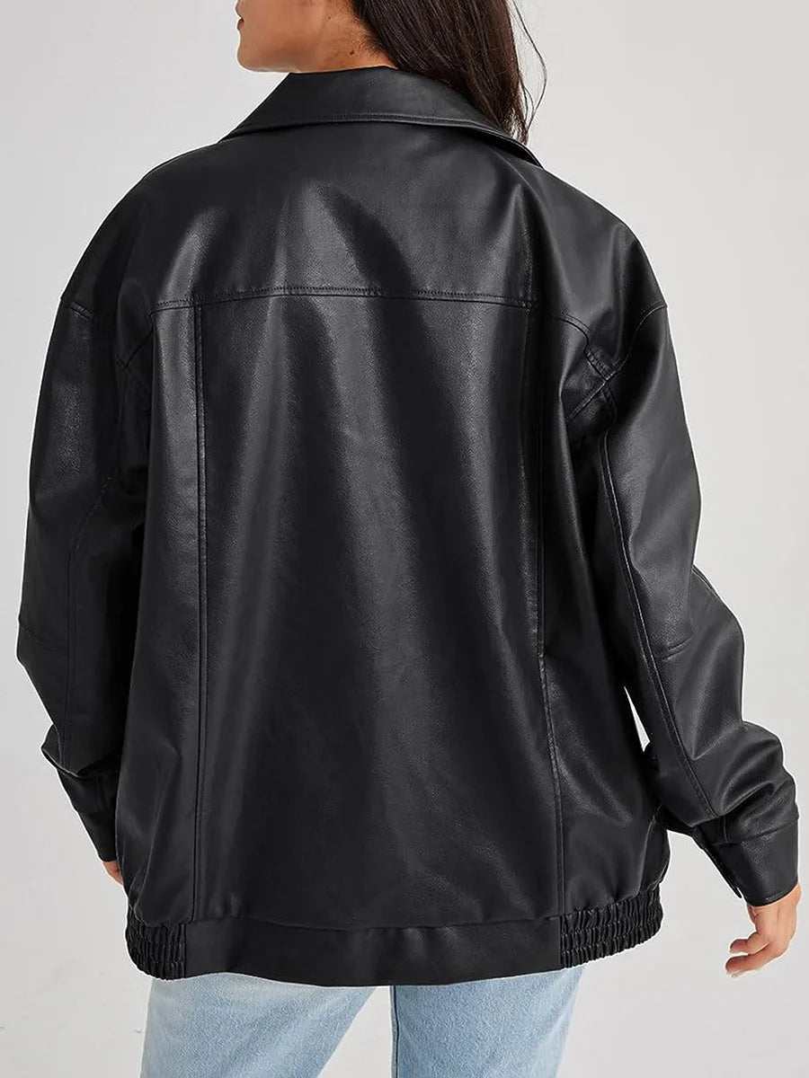 Women's Faux Leather Zip Up Coat Wide Fit - OutfitLondon