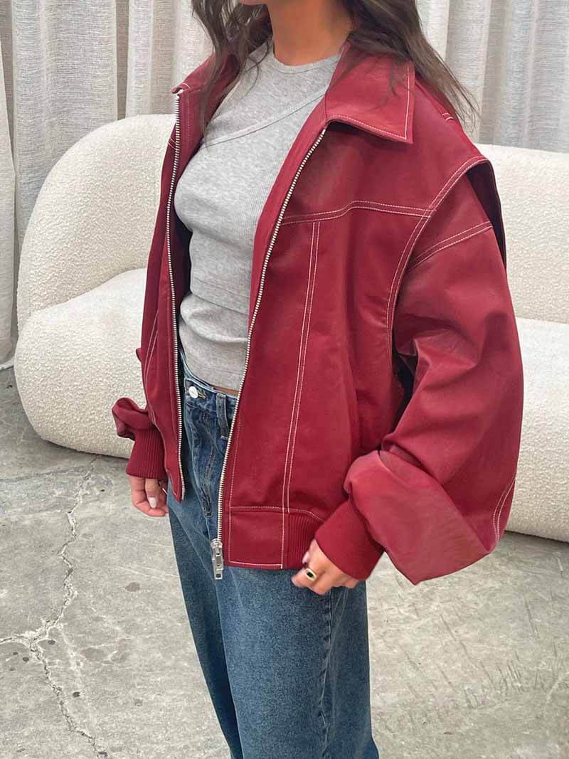 Women's Oversized Zip-Up Nylon Bomber Jacket in Red