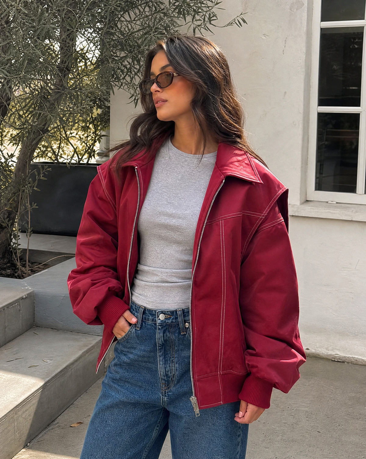 Women's Oversized Zip-Up Nylon Bomber Jacket in Red