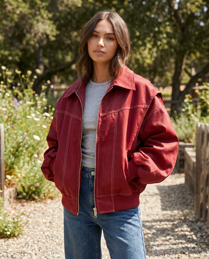 Women's Oversized Zip-Up Nylon Bomber Jacket in Red