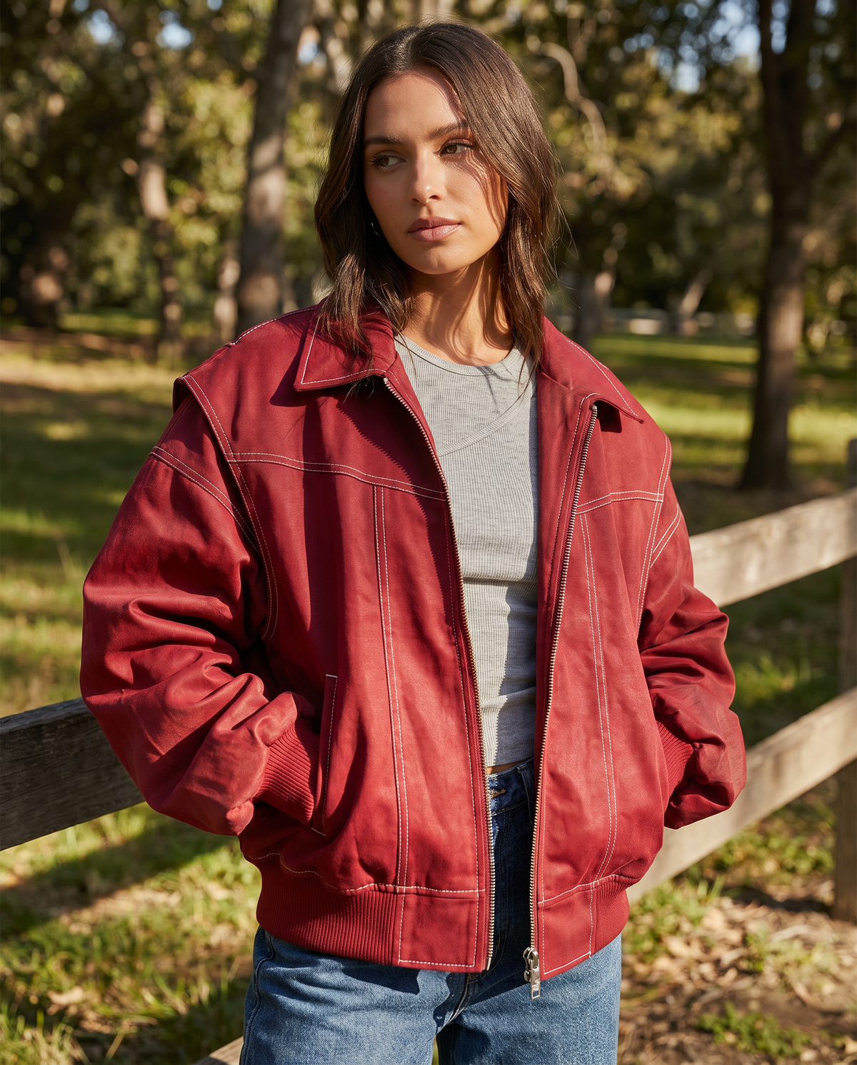 Women's Oversized Zip-Up Nylon Bomber Jacket in Red