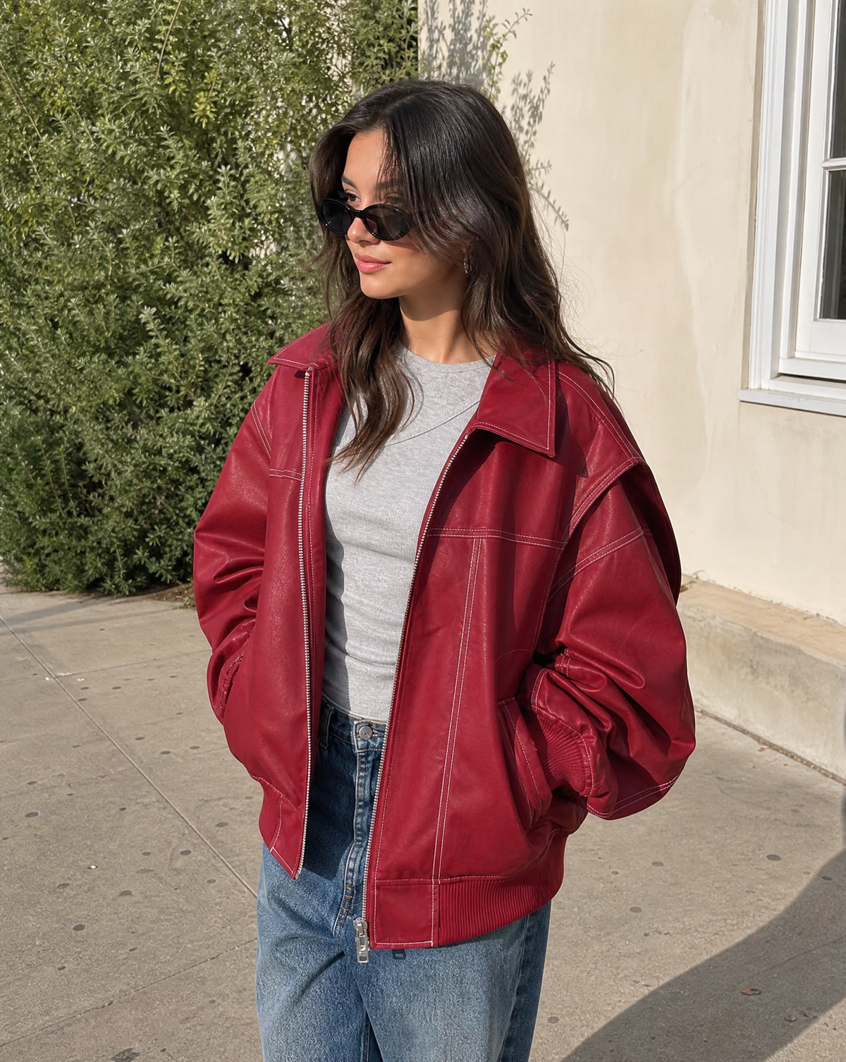 Women's Oversized Zip-Up Nylon Bomber Jacket in Red