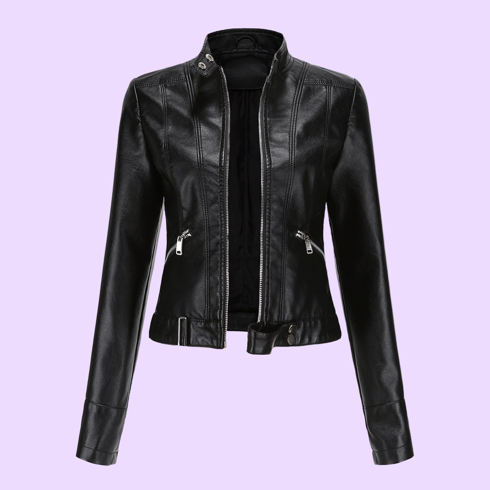 Women's Faux Leather Biker Jacket with Adjustable Waist