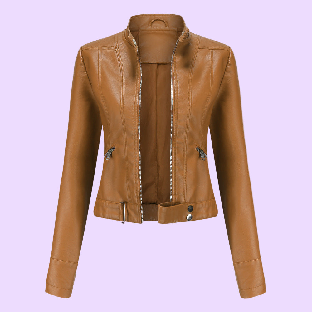 Women's Faux Leather Biker Jacket with Adjustable Waist