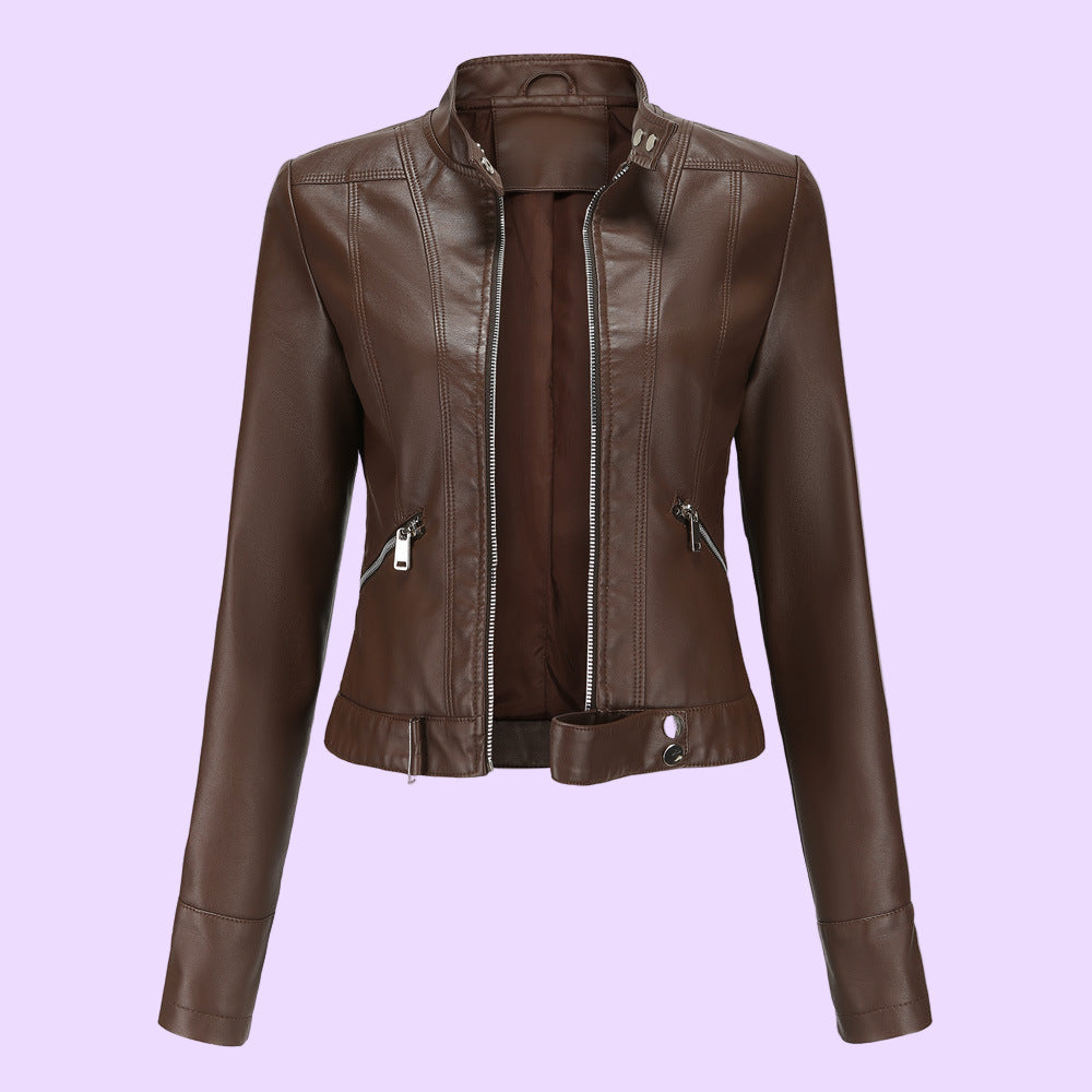Women's Faux Leather Biker Jacket with Adjustable Waist