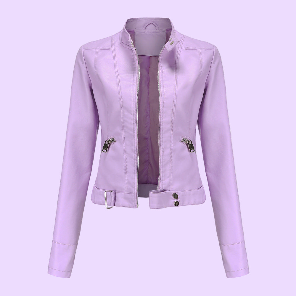 Women's Faux Leather Biker Jacket with Adjustable Waist