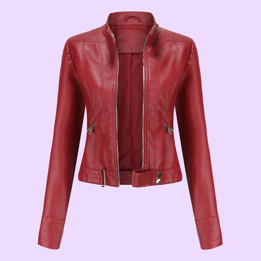 Women's Faux Leather Biker Jacket with Adjustable Waist - OutfitLondon