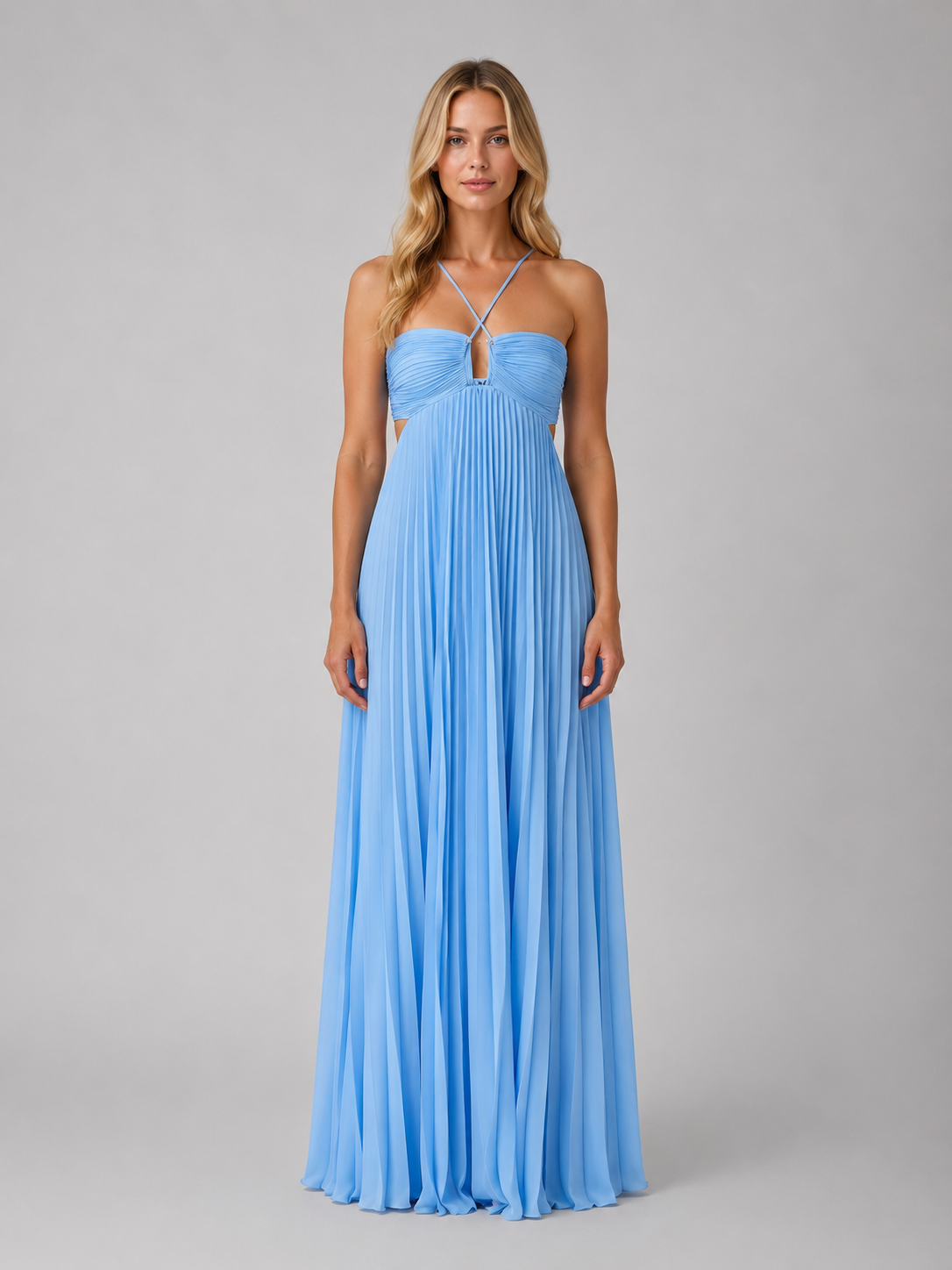 Women's Elegant Pleated Halterneck Maxi Dress