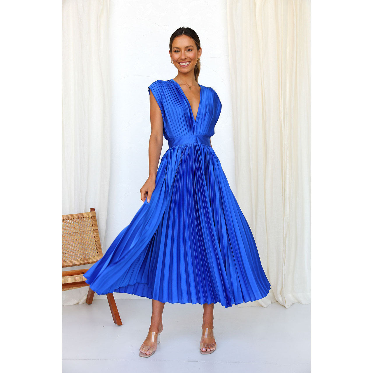 Elegant Sleeved V Neck Floor Length Dress for Women