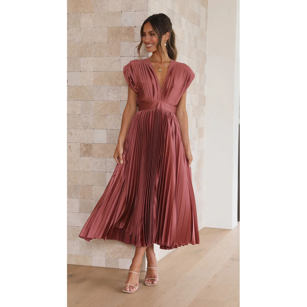 Elegant Sleeved V Neck Floor Length Dress for Women